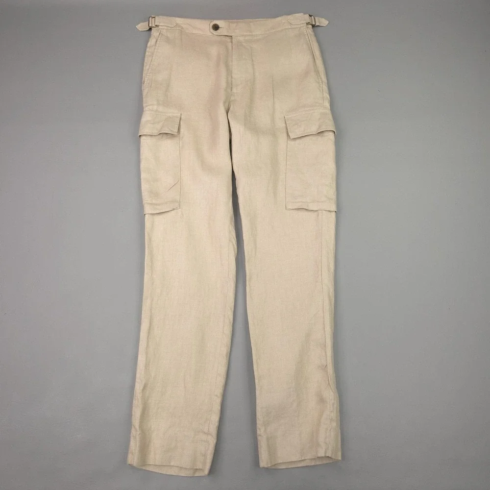 Banana Republic Cargo Pants Mens 31x30 Beige Linen Tailored Slim Fit Summer